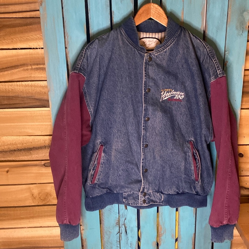 Vintage 90s A. J. Foyt’s Hulman 100 True Value USAC jean jacket M autographed